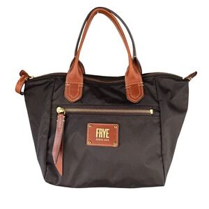 Frye‎ Nylon Tote Satchel Bag Black with Brown Leather Trim Zip Pocket Everyday